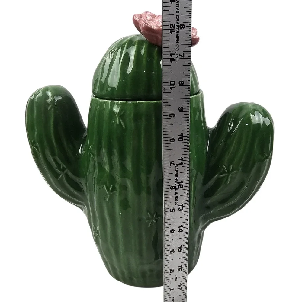Green Ceramic Cactus Cookie Jar Pink Flower Lid Saguaro Desert Kitchen Decor
